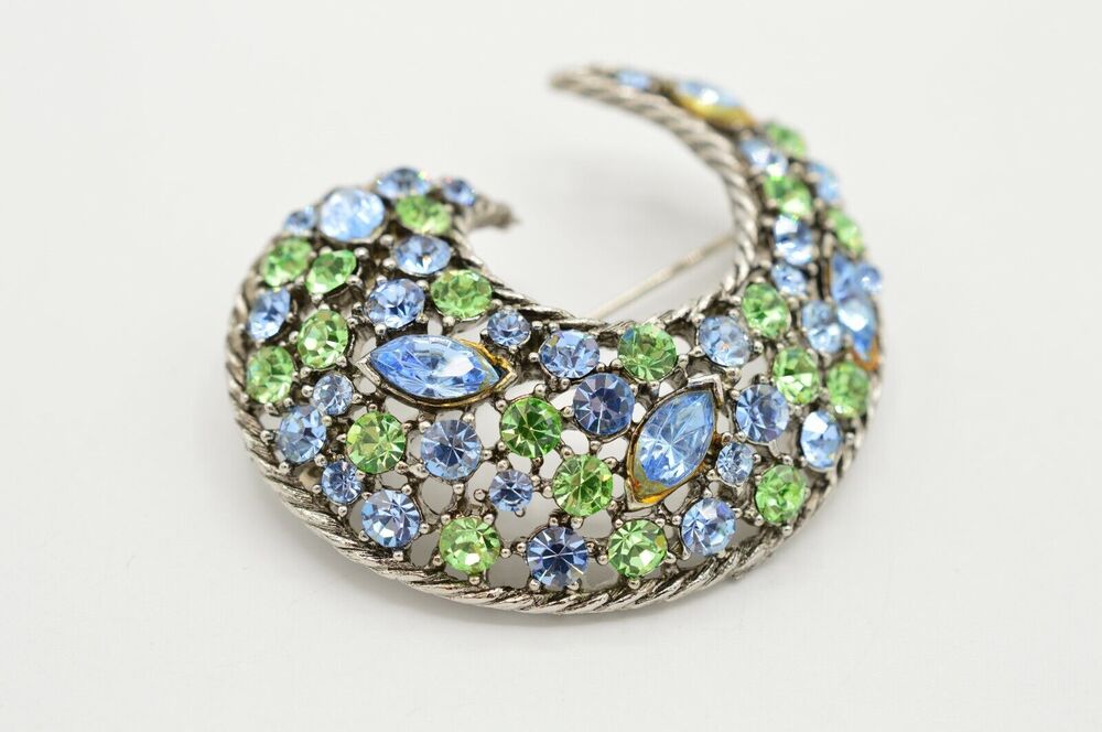 Weiss Vintage Crystal Pin Brooch Green Blue Rhinestone Sparkling Signed 80s BinB